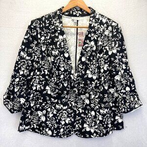 NWT Avenue Lighweight Floral Blazer Jacket Womens 18 Black White Ruched Sleeve